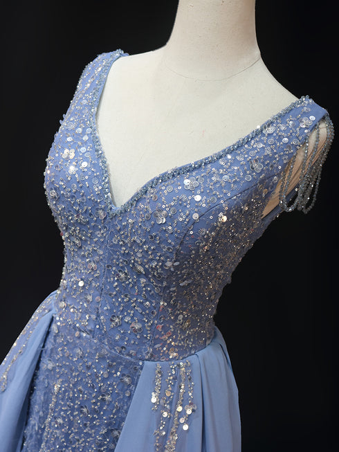 Light Blue Sequin Ball Gown with Chiffon - Pretty Sequin Dress - Sleeveless Ball Gown Plus Size